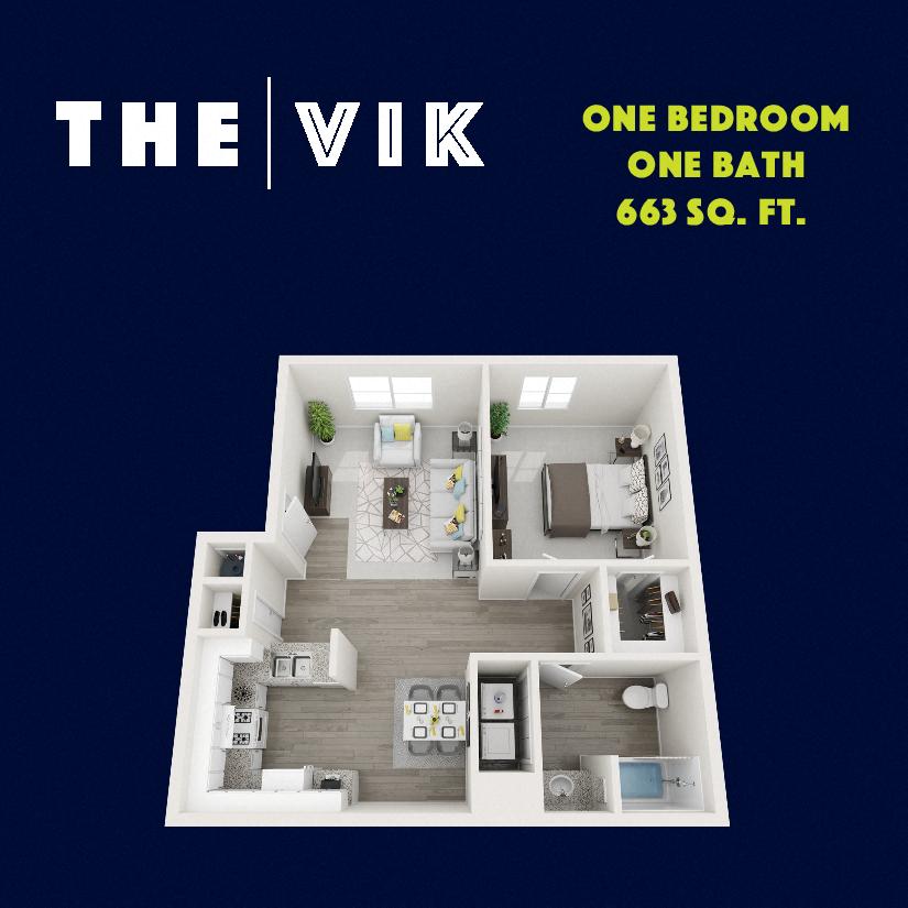 Floor plan for 1 bed, 1 bath, 663 sqft